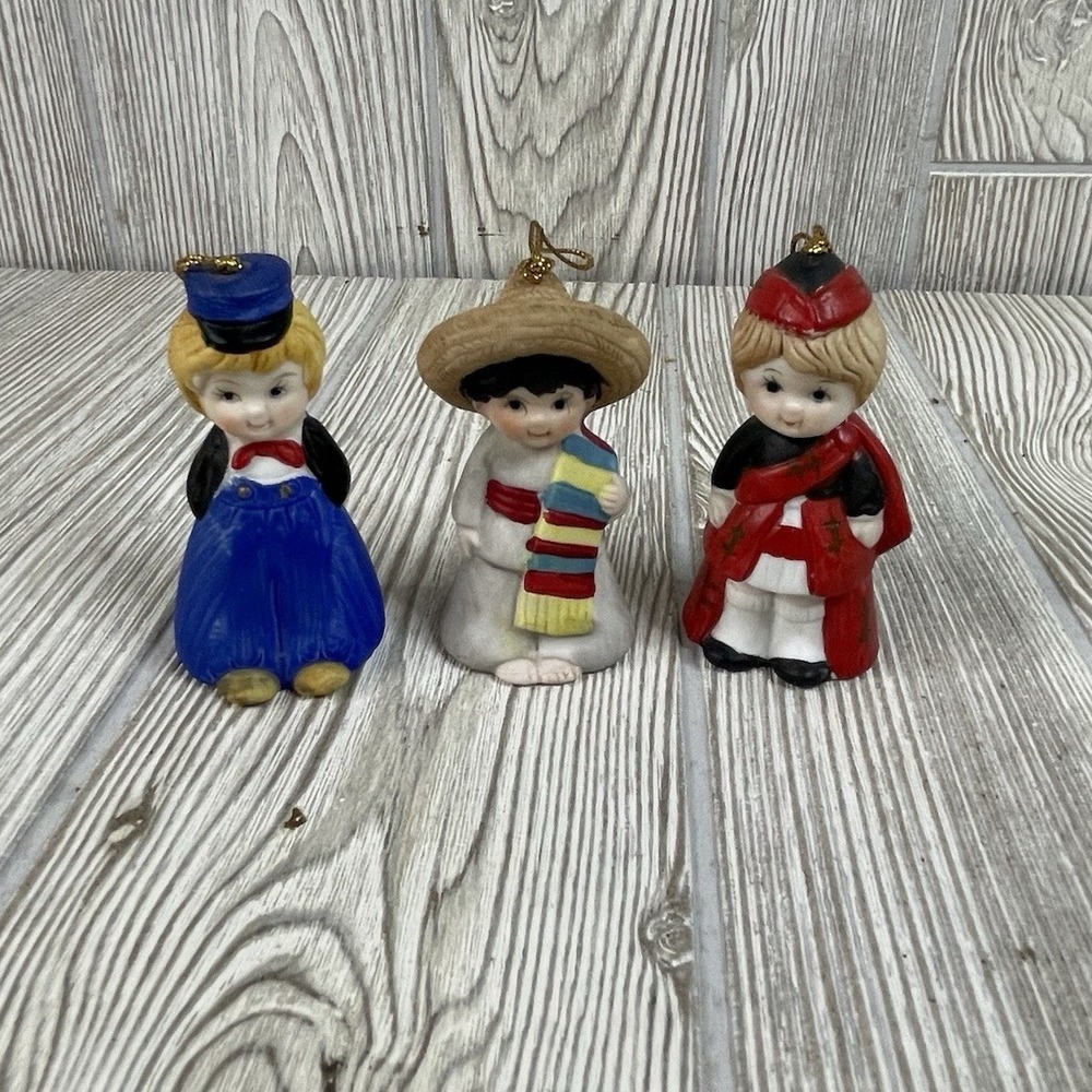 Vintage JSNY Bisque Porcelain World Children Bell Ornaments Set of 3 Taiwan